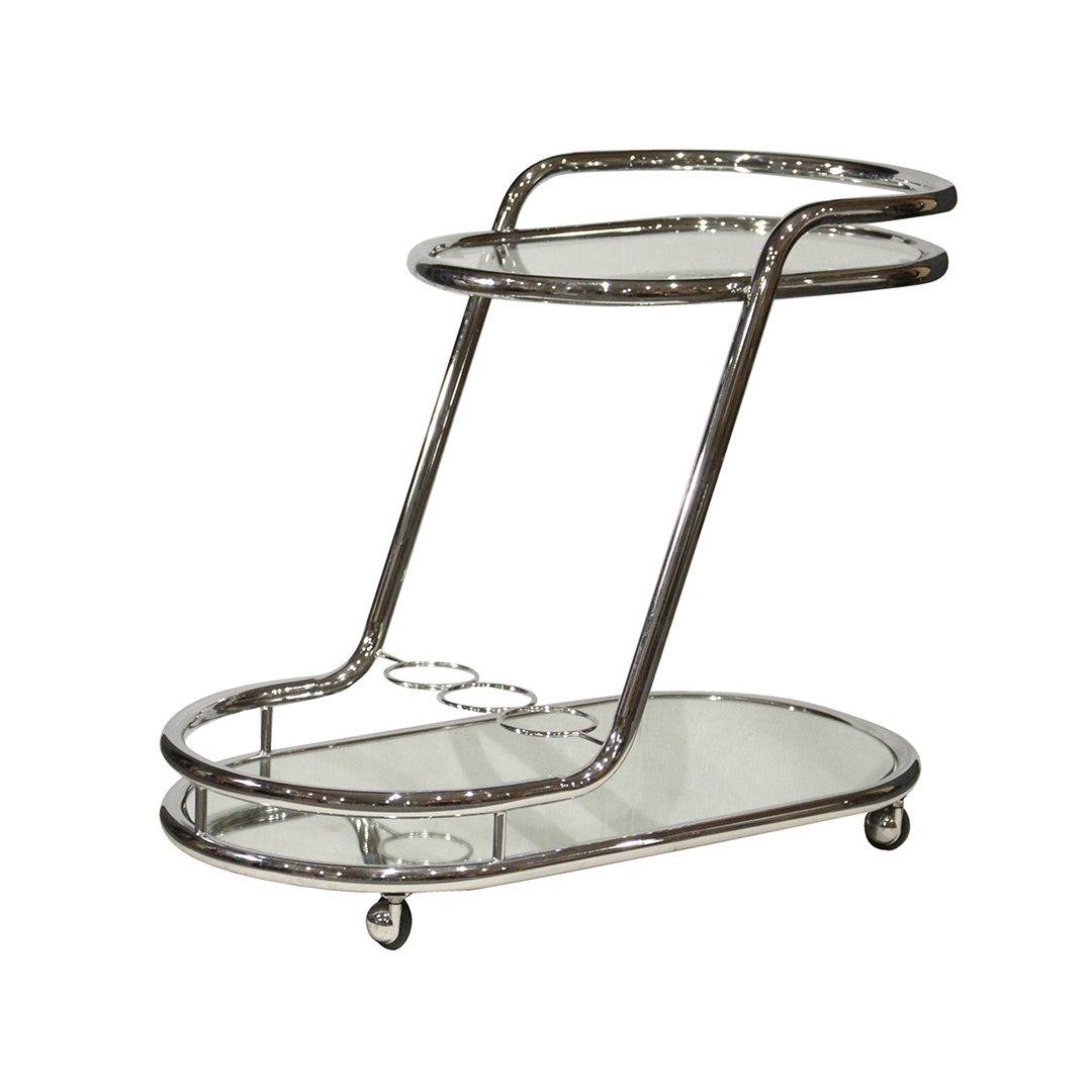 Chrome bar cart: Chrome bar cart with mirror bottom spots for wine bottles. Glass top Size: 29 h , 36 x 19