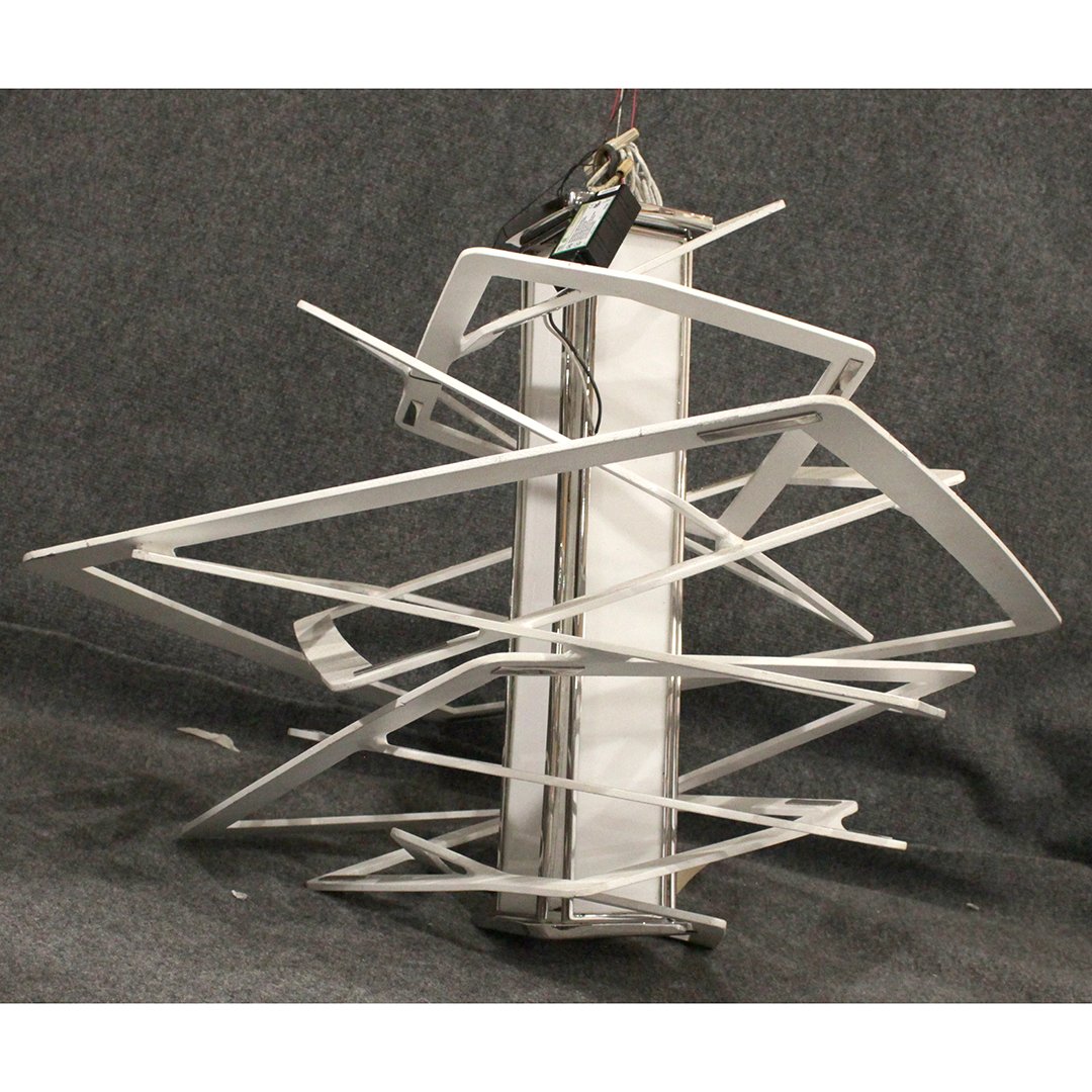 Mid-Century Style Metal abstract chandler: Mid-Century Style Metal abstract chandler , modern hanging fixture. 50s style white with chrome accents Lucite center. Size: 24 h , 35 w