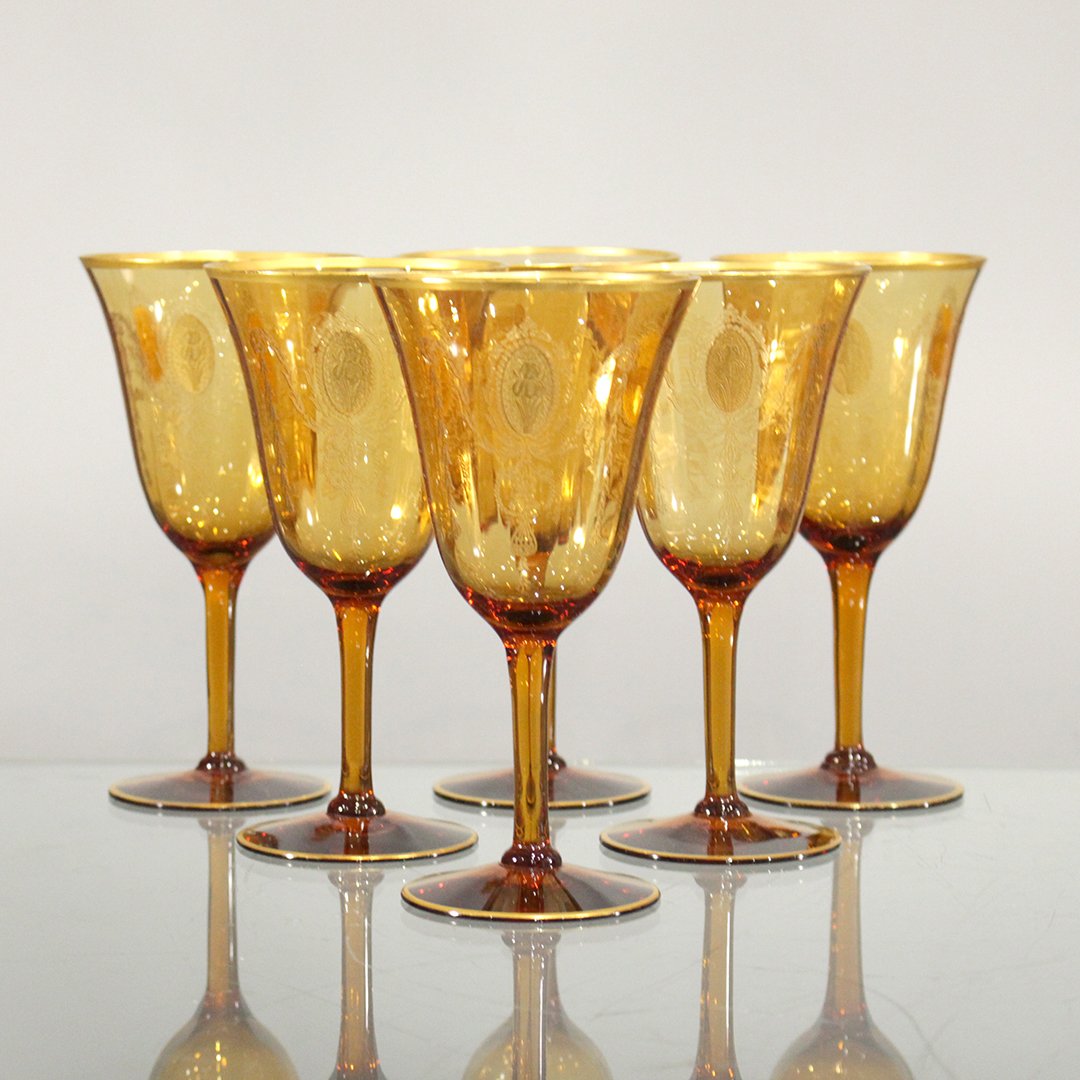 Gold Overlay Amber wine glasses Victorian style: Gold Overlay Amber wine glasses Victorian style