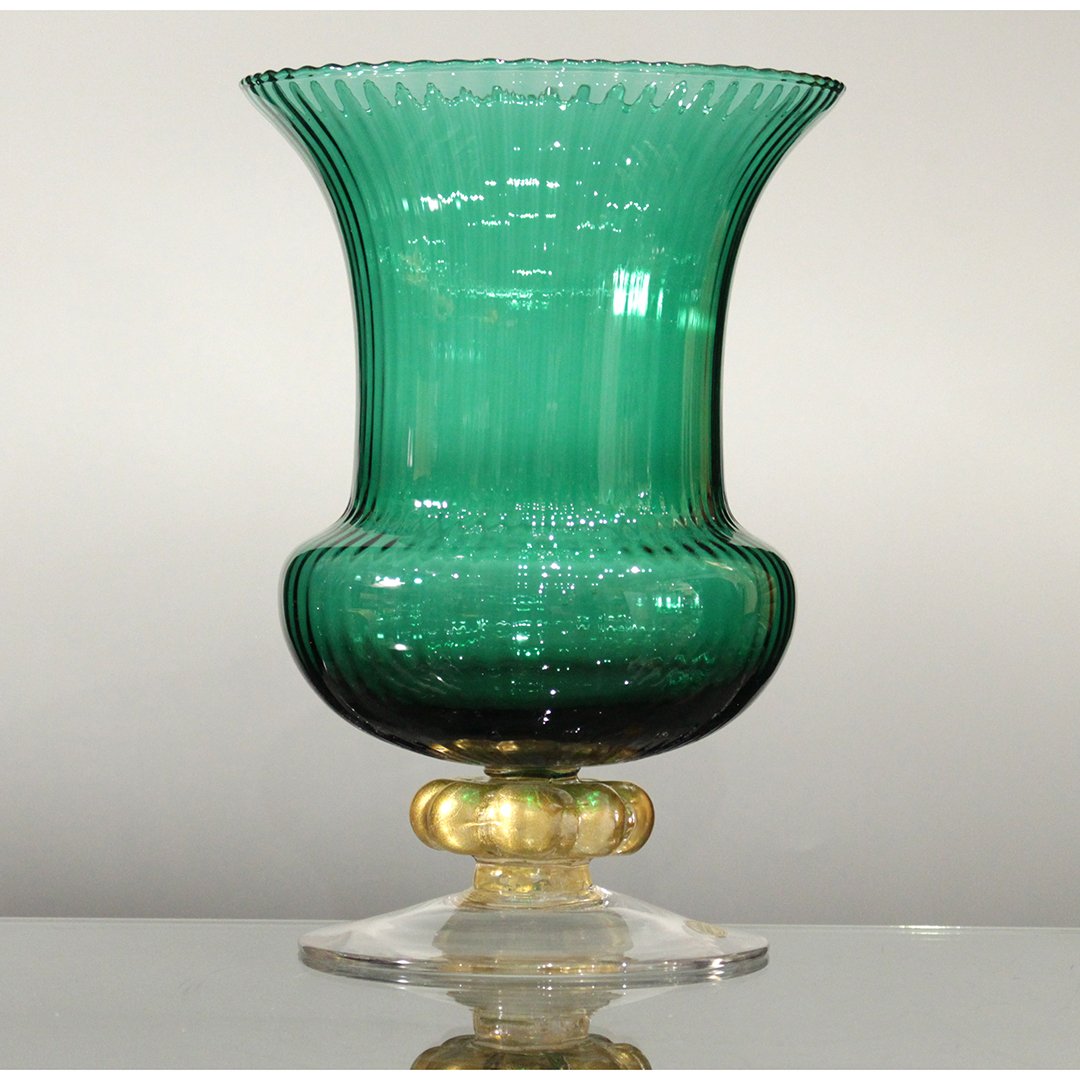 Vintage Italian Murano Gold fleck center Vase green