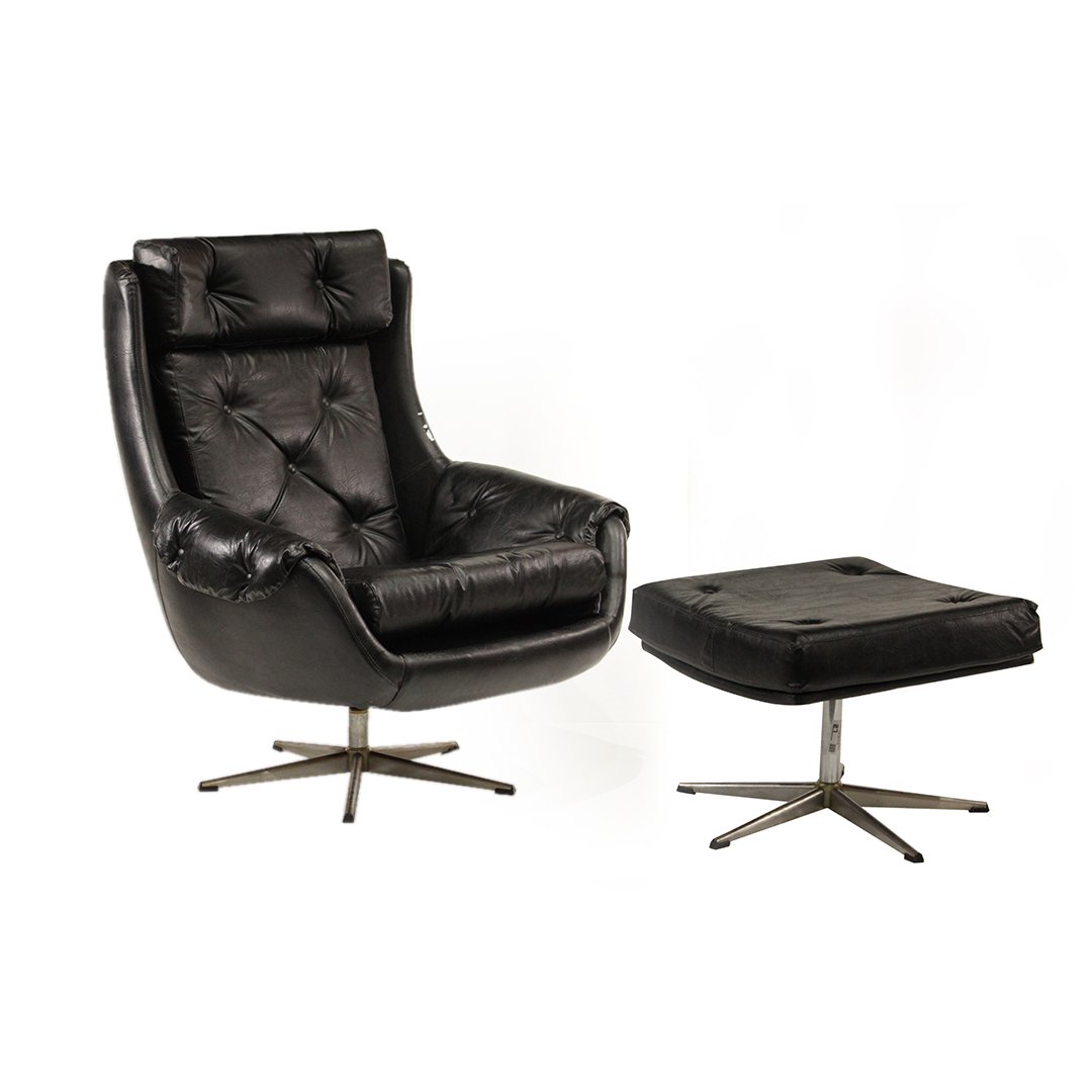 Mid-Century Black Tufted Space Age Lounge Chair & Stool: Mid-Century Black Tufted Space Age Lounge Chair & Stool. Swivel base, clean. Size: 36 h , 31 w inches
