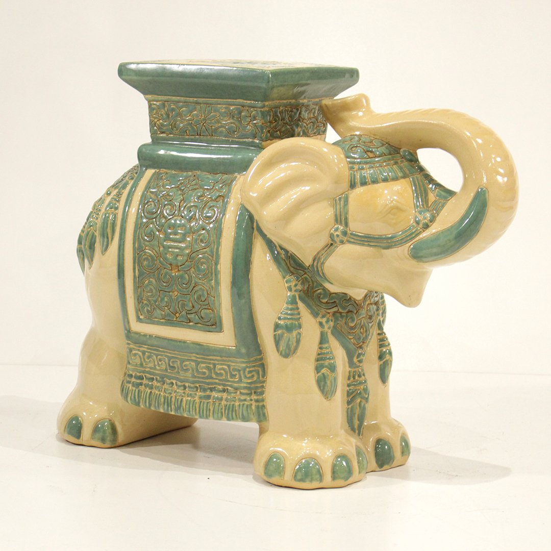 Elephant Garden Seat, Glazed Finish, Trunk Up: Elephant Garden Seat, Glazed Finish, Trunk Up. Clean. 17 h , 22 x 9 w