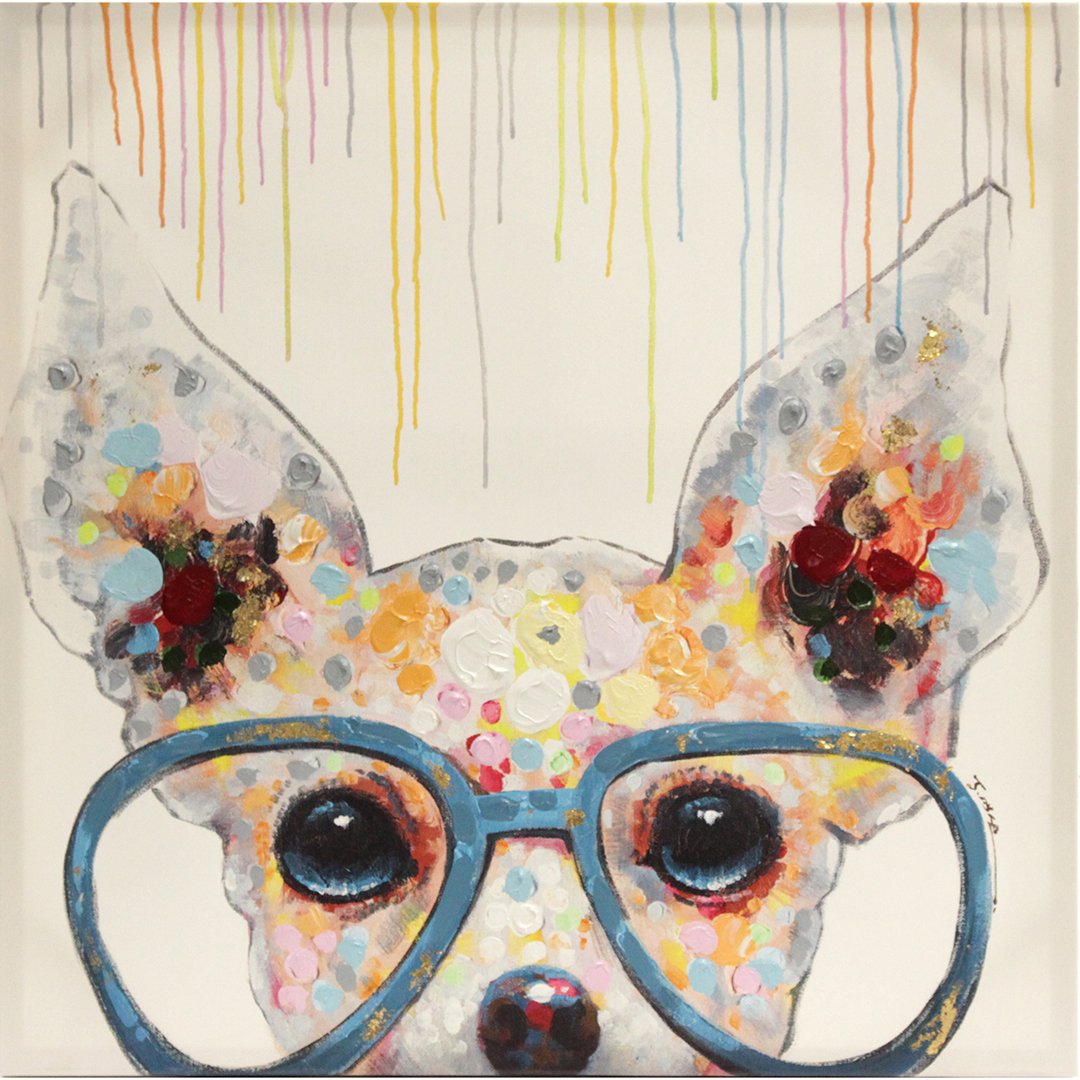Dog With Large Sunglasses Acrylic on Canvas, Signed: Dog With Large Sunglasses Acrylic on Canvas, Signed. 28 X 28 inches
