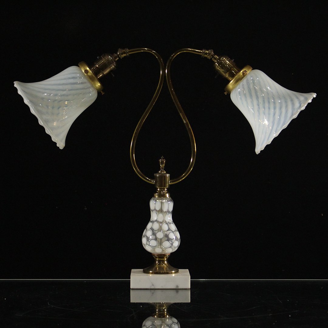 Piano Lamp, 2 Opalescent Swirl Shades, Coin Spot Base: Piano Lamp, 2 Opalescent Swirl Shades, Coin Spot Base. Mounted on white marble base. Size: 17 h , 21 w inches