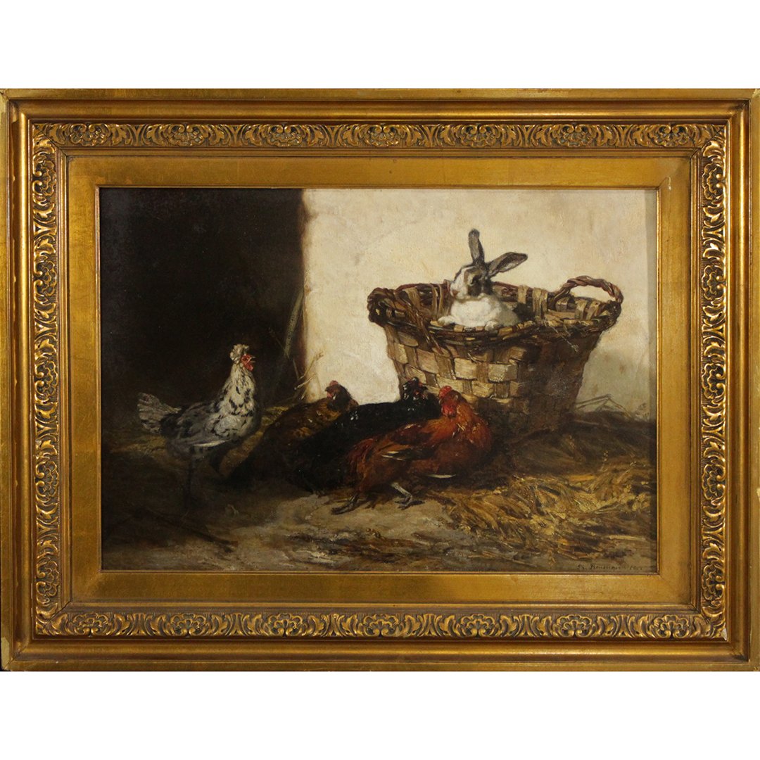 Philippe Rousseau 1856, Oil painting Chickens, Rabbit: Philippe Rousseau 1856, Oil painting Chickens, Rabbit. Signed and dated, framed. Size: 15 x 21.5 , outside of frame 22 x 28