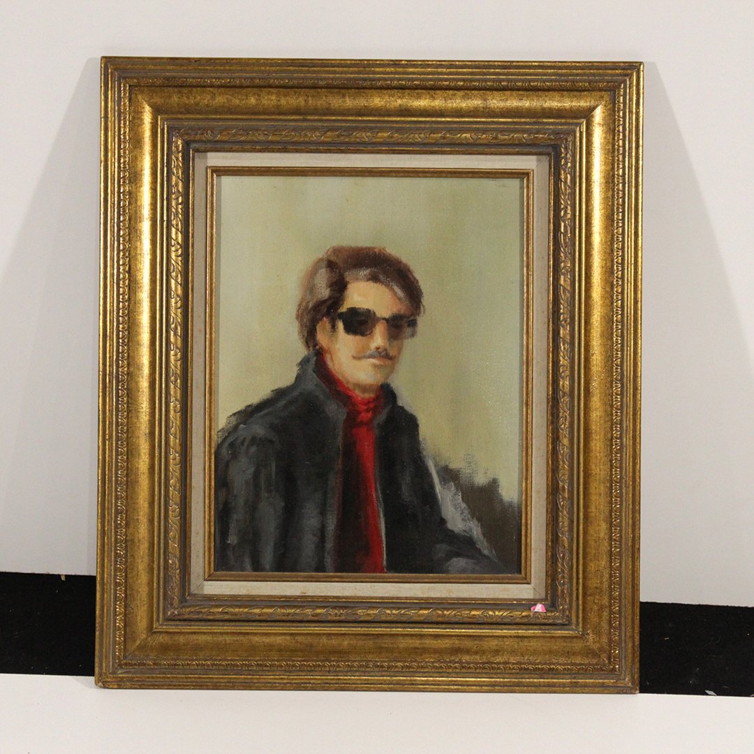 Portrait Hipster Man wearing Sunglasses: Portrait of Hipster Man wearing sunglasses painting on canvas, Size: 14 x 11, outside of frame: 18 x 22