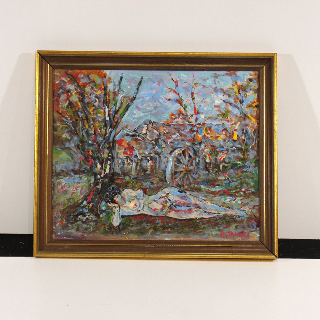R Monti Reclining Woman Abstract Painting: R Monti Reclining Woman Abstract Painting on board Size: 20 x 24 , outside of frame: 24 x 28