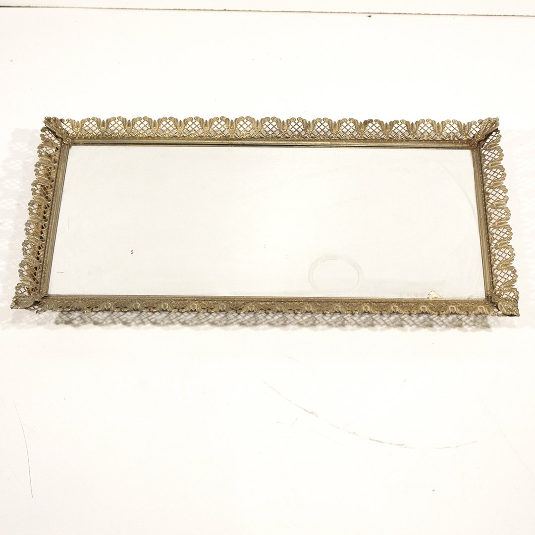 Antique Mirrored Dresser Tray: Antique Mirrored Dresser Tray with decorated Sides Size: 12 x 22 inches