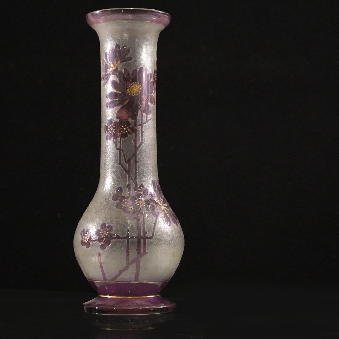 19th C. Art Glass Cylindrical Vase Cameo Flowers: 19th C. Art Glass Cylindrical Vase Cameo Flowers. Shows an old repair on base bottom. Size: 12 h , 4 w