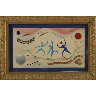 Amir, Mid-Century Assemblage Painting Abstract Dancers: Amir, Mid-Century Assemblage Painting Abstract Dancers. Original framing. Size: 24\" x 36\"