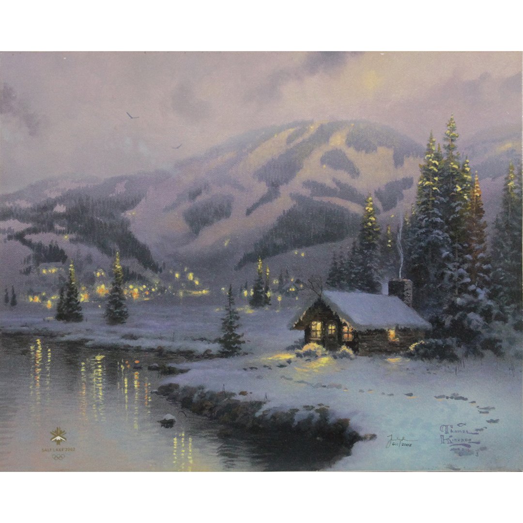 Thomas Kinkade, Serigraph on Canvas Salt Lake #611/2002: Thomas Kinkade, Serigraph on Canvas Salt Lake #611/2002. Olympic Mountain Evening, Salt Lake 2002, with Certificate of Limitation and Authenticity. Size: 20" x 16"