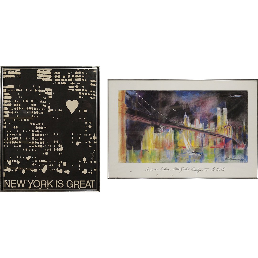 Two [2] New York Posters, Bernard Stone, Leroy Neiman: Two [2] New York Posters: Bernard Stone "New York is Great", Leroy Neiman American Airlines - New York's Bridge to The World. Both with original framing. Size: 27 x 21 , 35 x 23