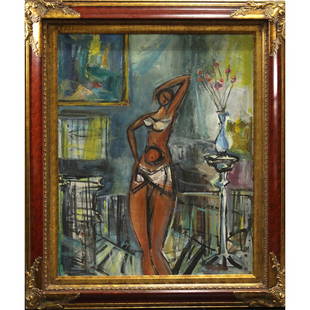 Sigmund Menkes Mid-Century Modern Polish Painting: Sigmund Menkes attributed Mid-Century Modern Polish Painting of a female figure in room, still life. signed bottom rightSize: 30 x 24, outside of frame: 38 x 31