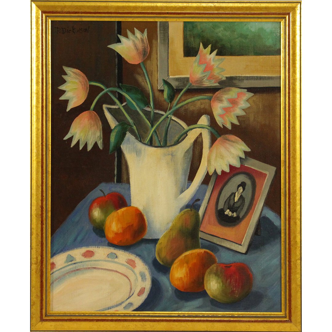 P DICKINSON, Oil/B TABLE TOP STILL LIFE Flowers Fruit (1 of 6)