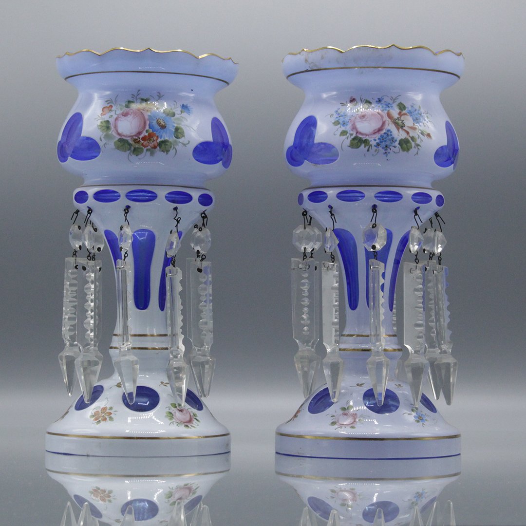 Two [2] Blue Bohemian Cut Lustres with Prisms Czech: Two [2] Blue Bohemian Cut Lustres with Prisms, Marked Czechoslovakia. Size: 9.5 in. height, 4.5 in. wide.