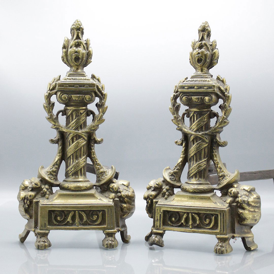 Antique 19th C.  Neo-Renaissance Style Brass Andirons (1 of 6)