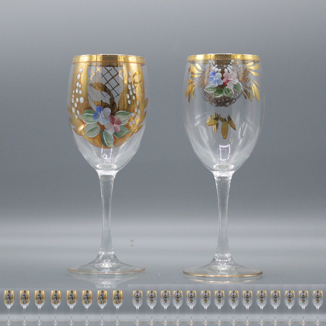 [22] Italian Venician Hand-Painted Gold Wine Glasses: Twenty Two [22] Italian Venician Hand-Painted Gold Wine Glasses. with flower decorations and gold painted trim / rim decorations. Size: 7.5 h 8x of the variation on left, 14x variation on right