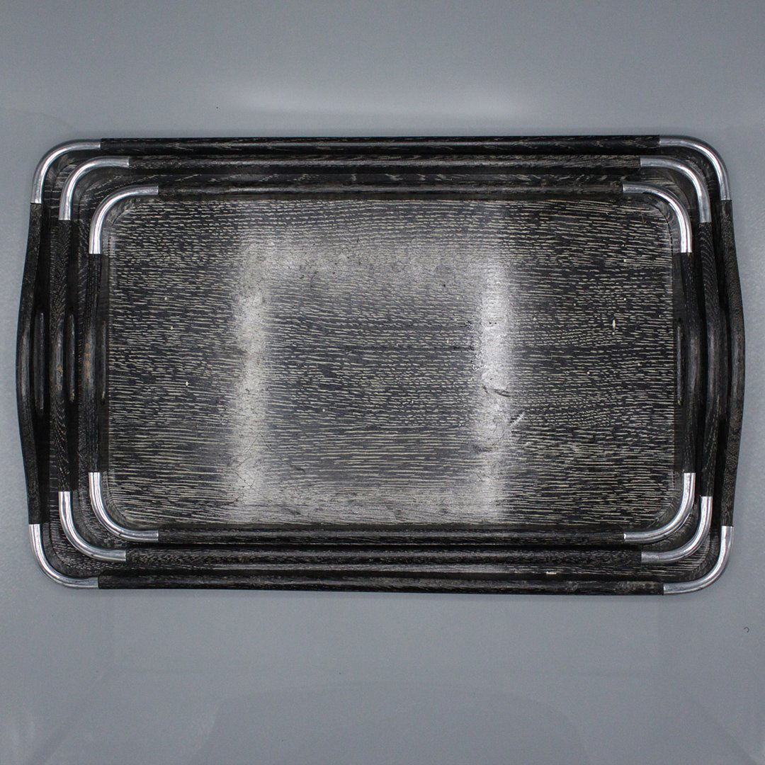 Vintage Mid-Century Modern Nasco Nest 3 Serving Trays: Vintage Mid-Century Modern Nasco Nest 3 Serving Trays with chromed sides. Graduated three sizes. Largest size is 11 x 17