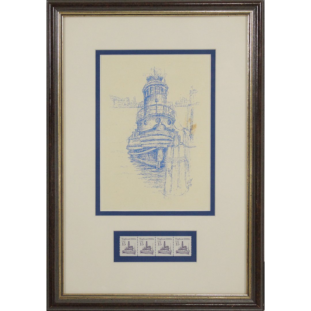 Tugboat Lithograph With 4 US 15 Cent Postage Stamps (1 of 4)