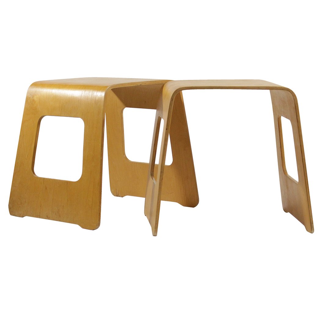 Two [2] Mid-Century Blond Bent Ply Wood Cutout Stands: Two [2] Mid-Century Blond Bent Ply Wood Cutout Stands. Clean. Each has cutout square sides. Size: 18 h , 20 x 16