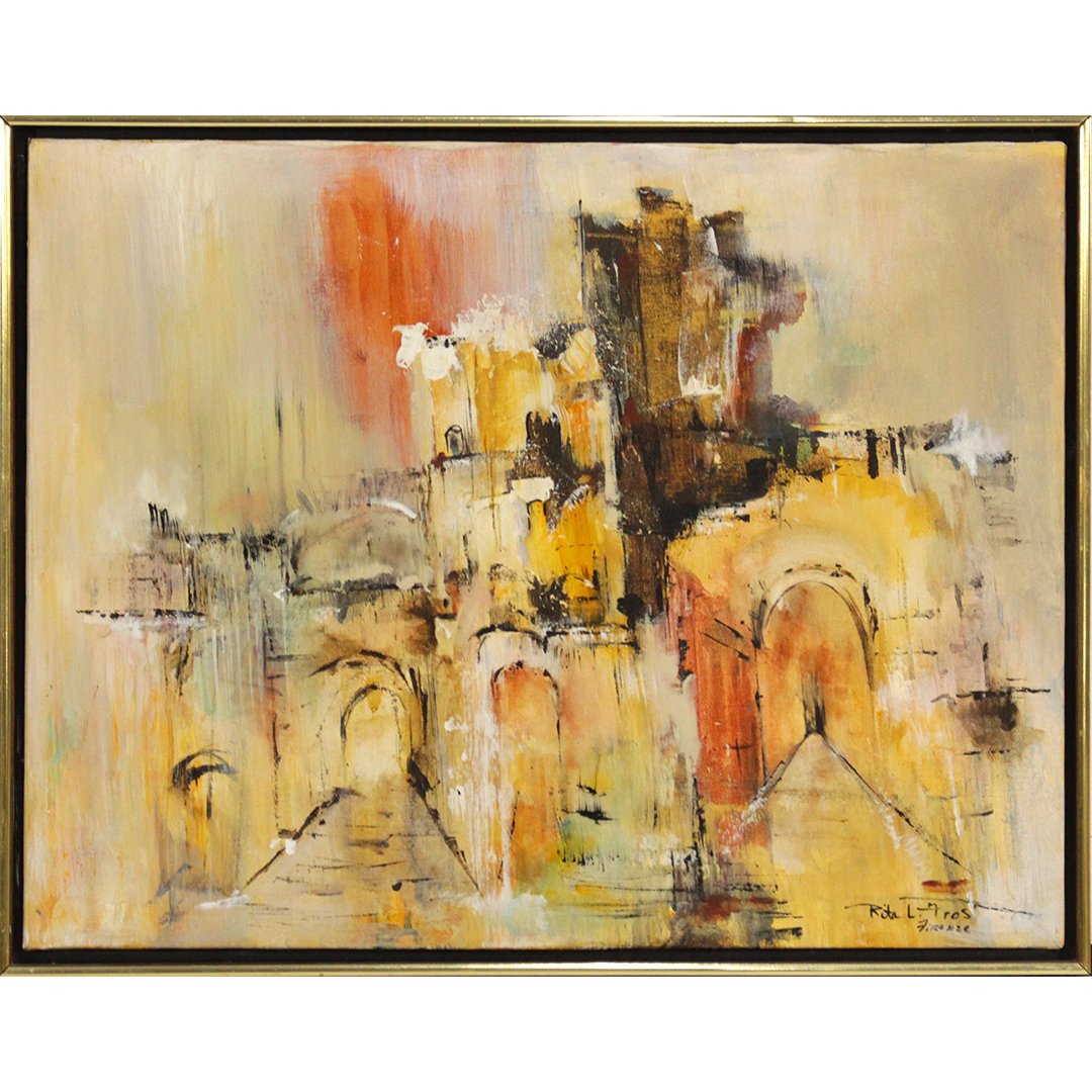 Rita L Fros, Firenze 20th C Italian Renaissance Village: Rita L Fros, Firenze 20th C Italian Renaissance Village. Oil on canvas painting, Signed. Original framing. Size: 21 x 27
