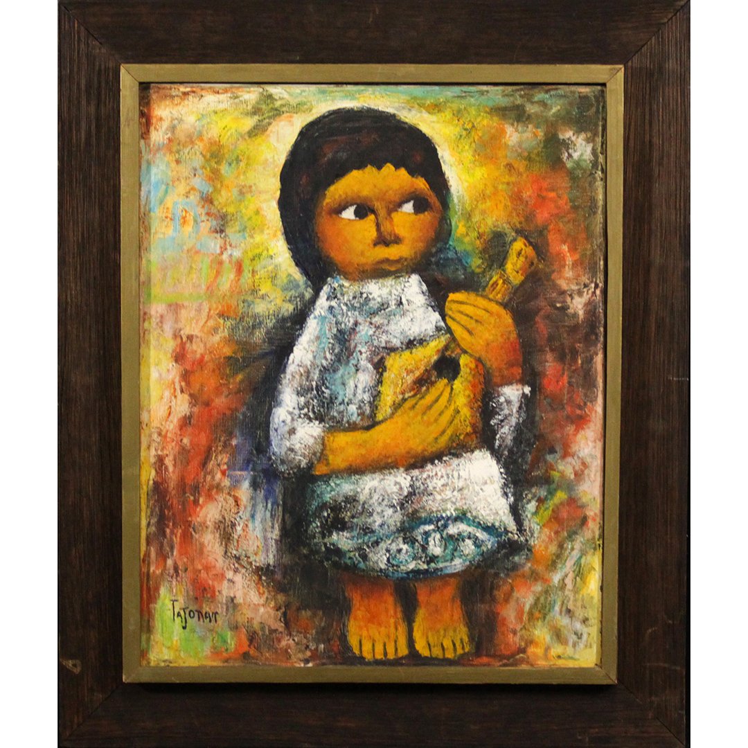 Felipe Ortiz Tajonar, Oil/c Mexico, Latin American Girl: Felipe Ortiz Tajonar, Oil/c Mexico, Latin American Girl holding mandolin. Signed. Oil on canvas, original frame. Size: 20 x 16 , 25 x 21" outside of frame