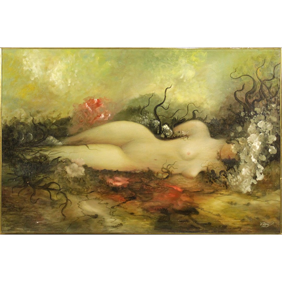 J Duars, Superb Fantasy Oil Reclining Nude Girl Goddess: J. Duars, Superb Fantasy Oil Reclining Nude Girl Garden Goddess. Oil on canvas painting. Exceptional quality. Signed and dated 1985. Size: 24 x 36"