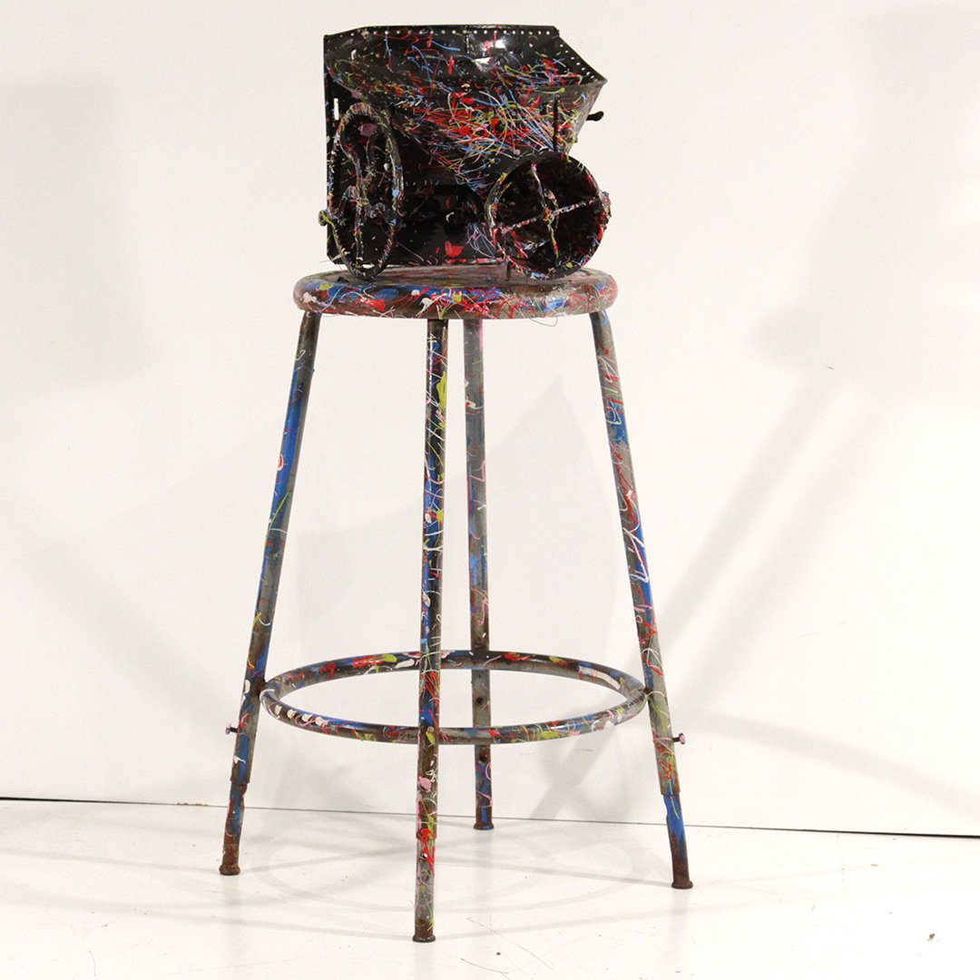 R Monti pop art Drip Action Painting Sculpture: R Monti pop art Drip Action Painting Sculpture. Drip art painted on a stool with an antique blender above. New age pop art / ready made. 20 th Century Folk Art. Outsider Art. Size: 37 h , 16 w
