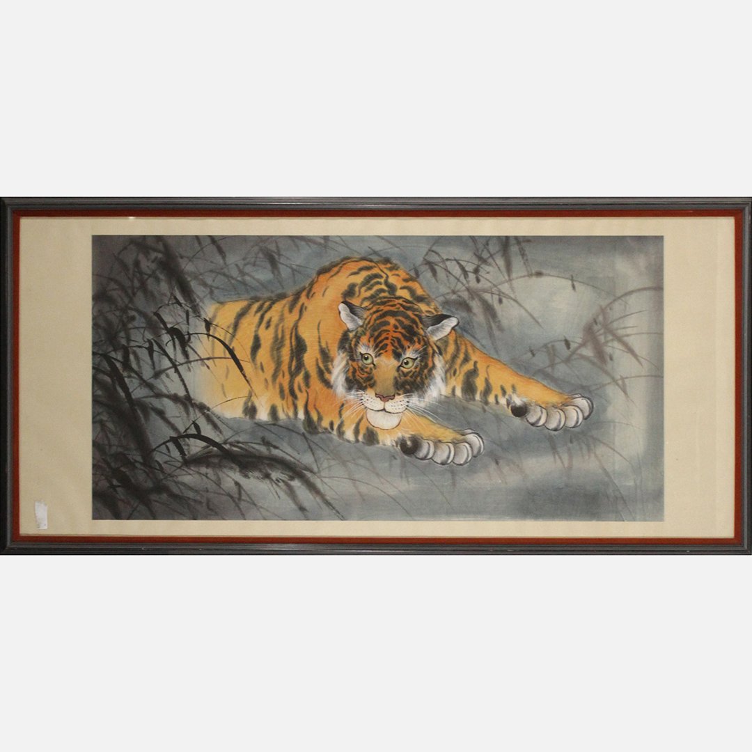 Asian Oriental Watercolor Tiger on fabric Large Scroll (1 of 6)