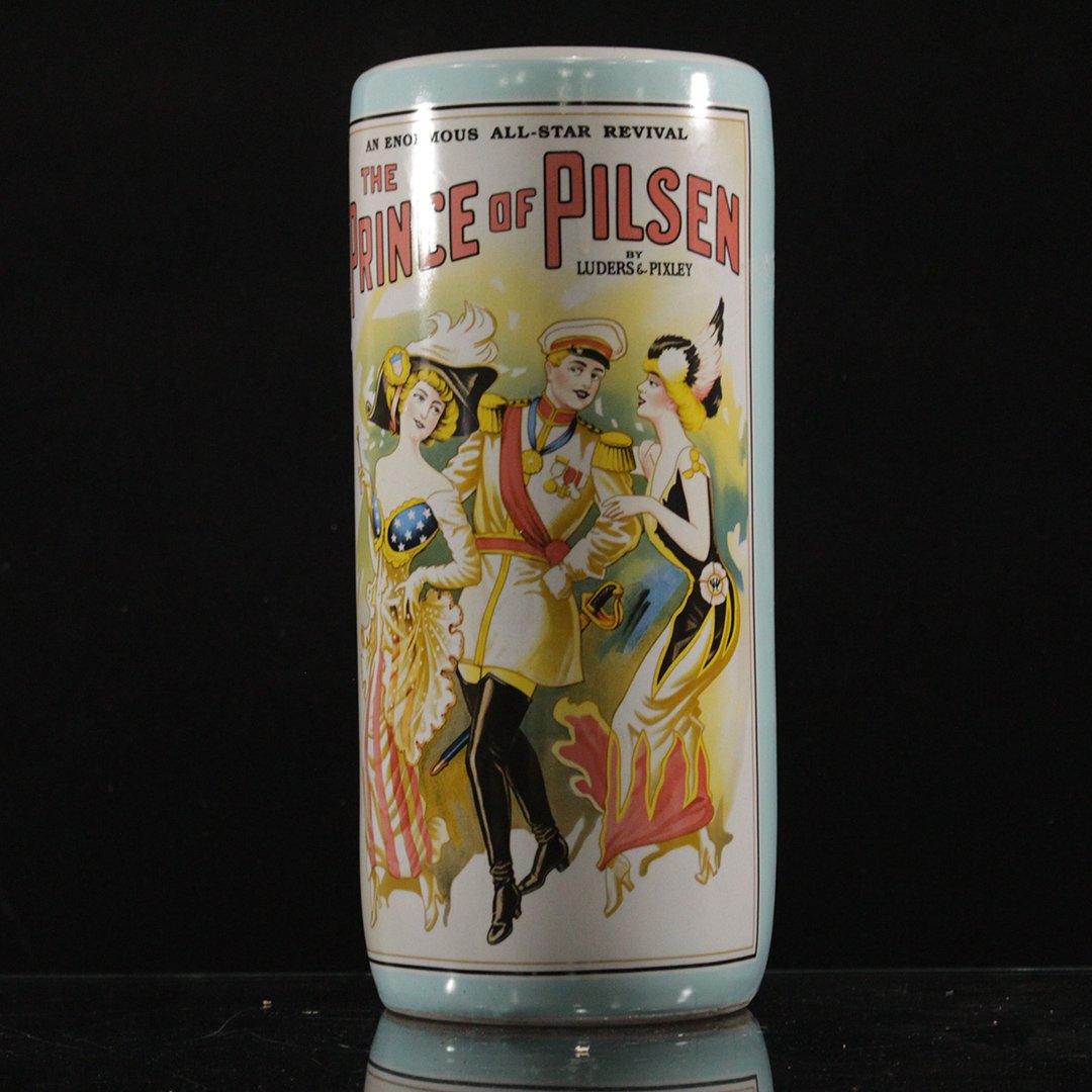 Vintage Porcelain Prince of Pilsen Umbrella Holder: Vintage Porcelain Prince of Pilsen Umbrella Holder Size: 18 h , 8 w