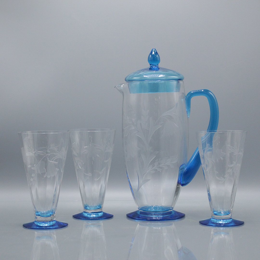 Vintage Water Pitcher, Tumblers Teal Blue Handle, Bases (1 of 4)