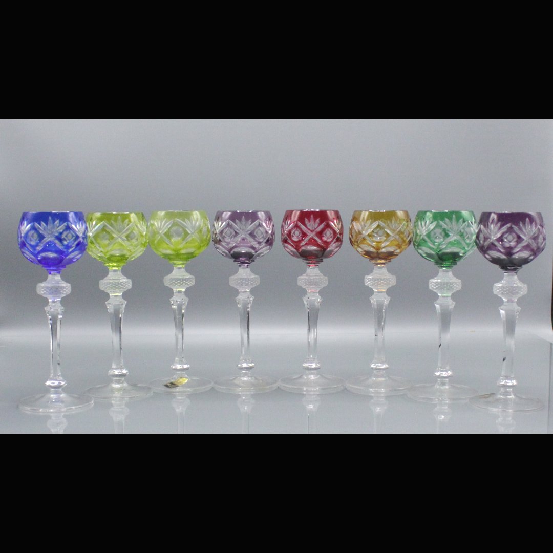 Series of colored cut to clear goblets , wine glasses: Series of colored cut to clear goblets , wine glasses, smaller size. Crystal Cabinet Bleikristall . Size: 6 inches in height