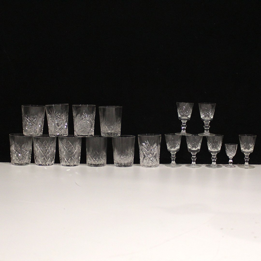 Lot of Antique Cut Glass Goblets and Glasses: Lot of Antique Cut Glass Goblets and Glasses in various cut glass designs. small cocktail glass are shot glasses. Size: 3.74 h of 10 cups / goblets , 7 x small glasses