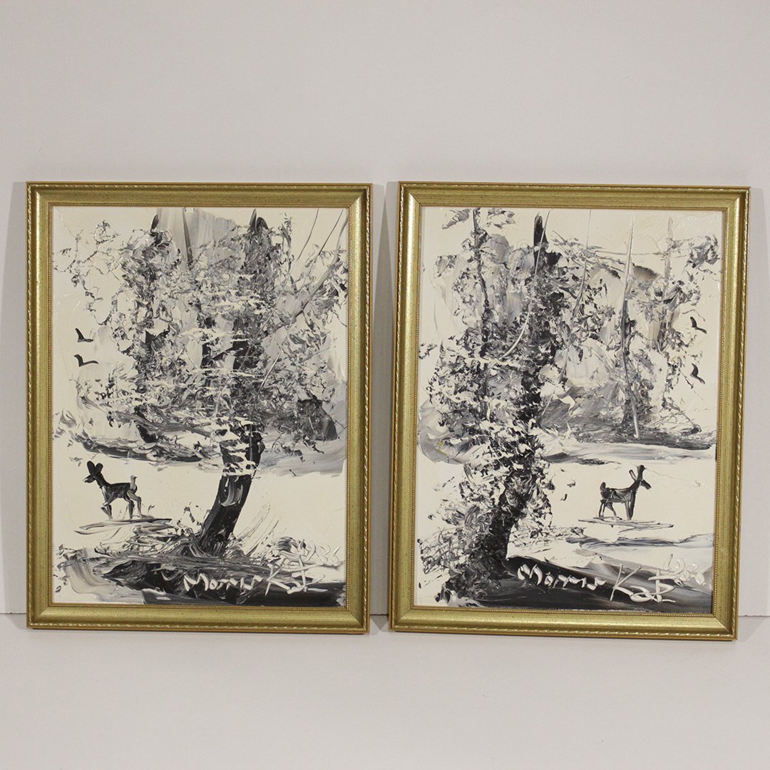 Pair of Morris Katz Deer in Winter Catskill Mountain: Pair of Morris Katz Deer in Winter Catskill Mountain Size: 12 x 16 , outside of frame is 13.5 and 17.5