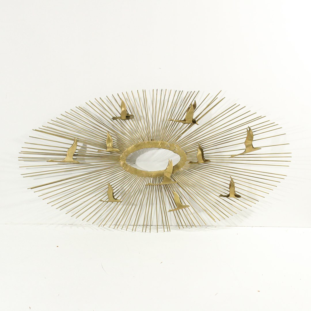Manner of Jere Mid-Century Metal Wall Sculpture w/Birds: Manner of Jere Mid-Century Metal Wall Sculpture with Birds in flight. Size: 20 x 37