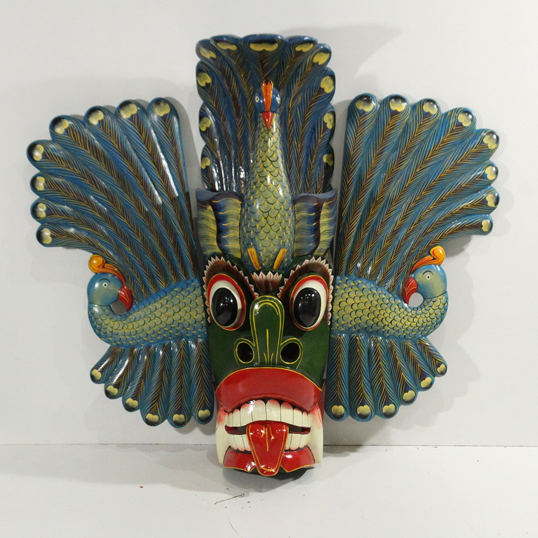 Unique Carved Face With 3 Peacocks Large Wall Hanging (1 of 5)