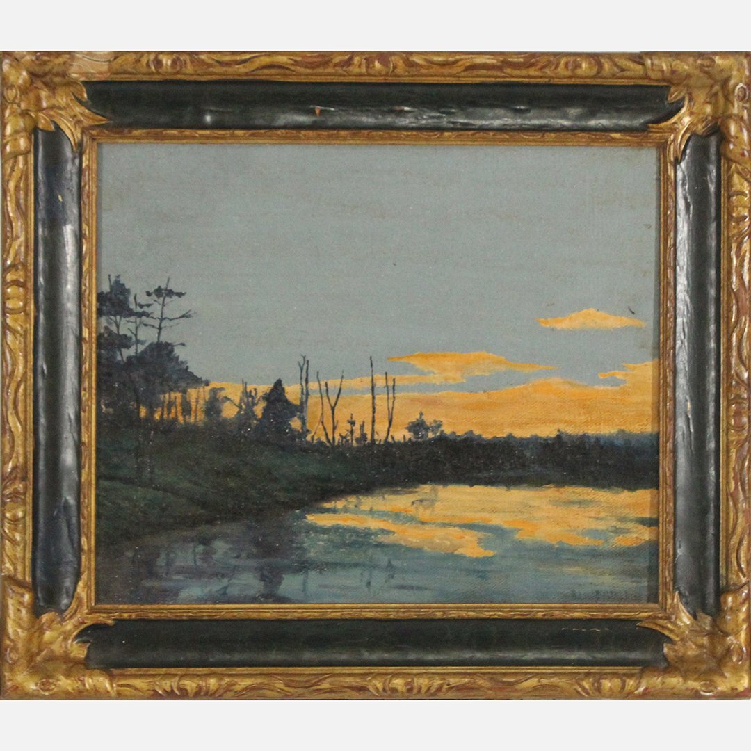 Sunset Painting Landscape Waterfront Signed Illegible: Sunset Painting Oil On Board landscape by Waterfront, Signed Illegible, Framed. Size: 10 x 12 , outside of frame: 16 x 13.5 w