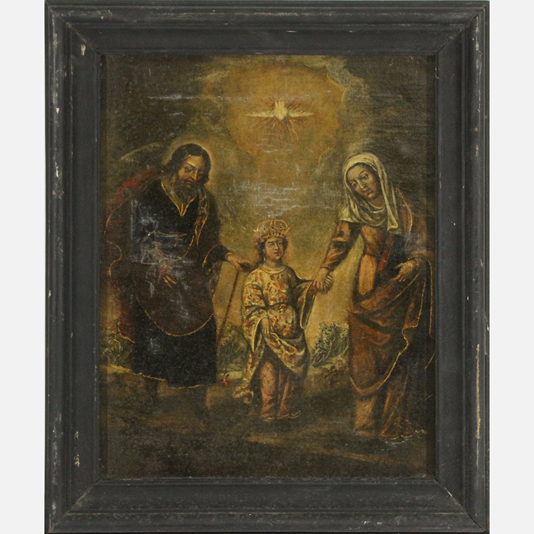Antique 16th - 17th Century Oil On Canvas: Antique 16th - 17th Century Oil On Canvas religious scene with Bird overhead. Old masters, Painting looks to be previously refurbished, Written on stretcher is "La santa Familia" Size: 15 x 13 , outsi