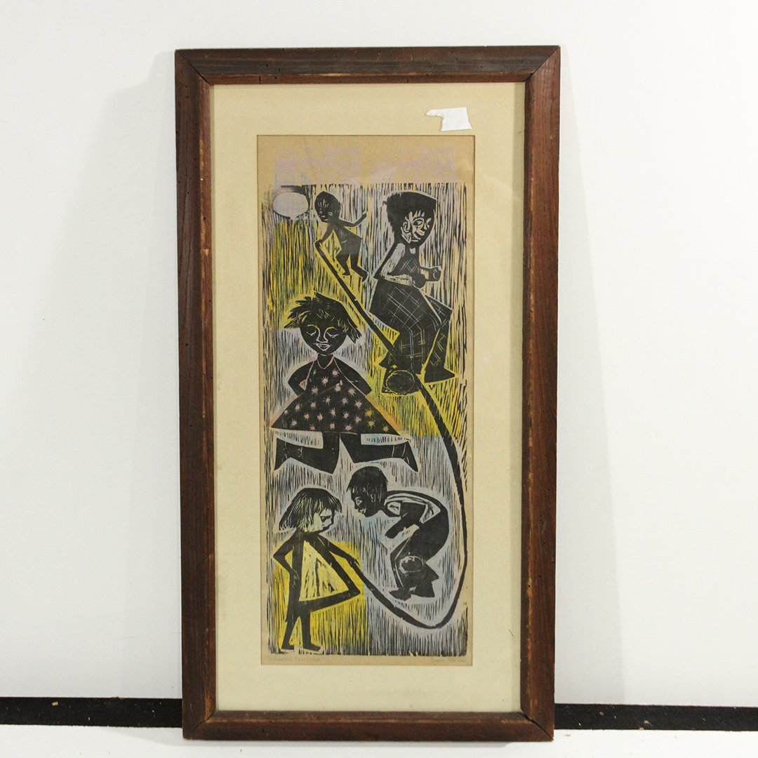 Leona Pierce, Mid-Century Woodcut Children Jumping Rope (1 of 8)