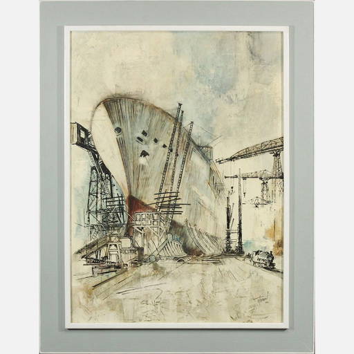 W T Carlsen, Danish, MidCentury Ocean Liner Docked Oil (0050) on Jun