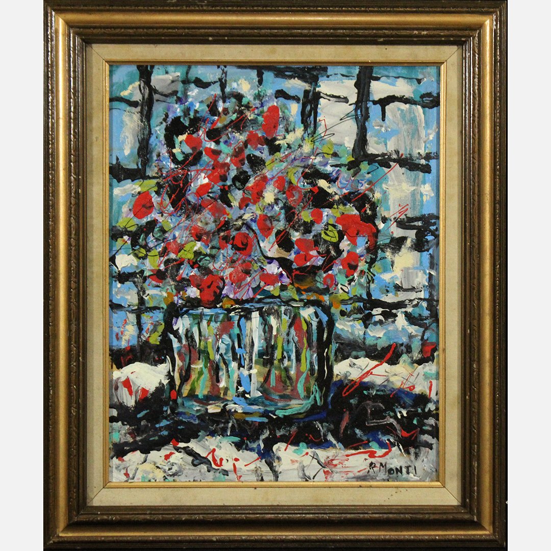 R. Monti, Mid-Century Abstract Flowers in Pot Oil/c (1 of 4)