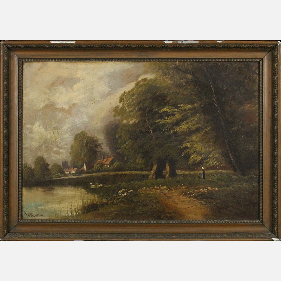 J. Hiines; 19th C. Oil/b, Landscape, Cottage on Lake (1 of 6)