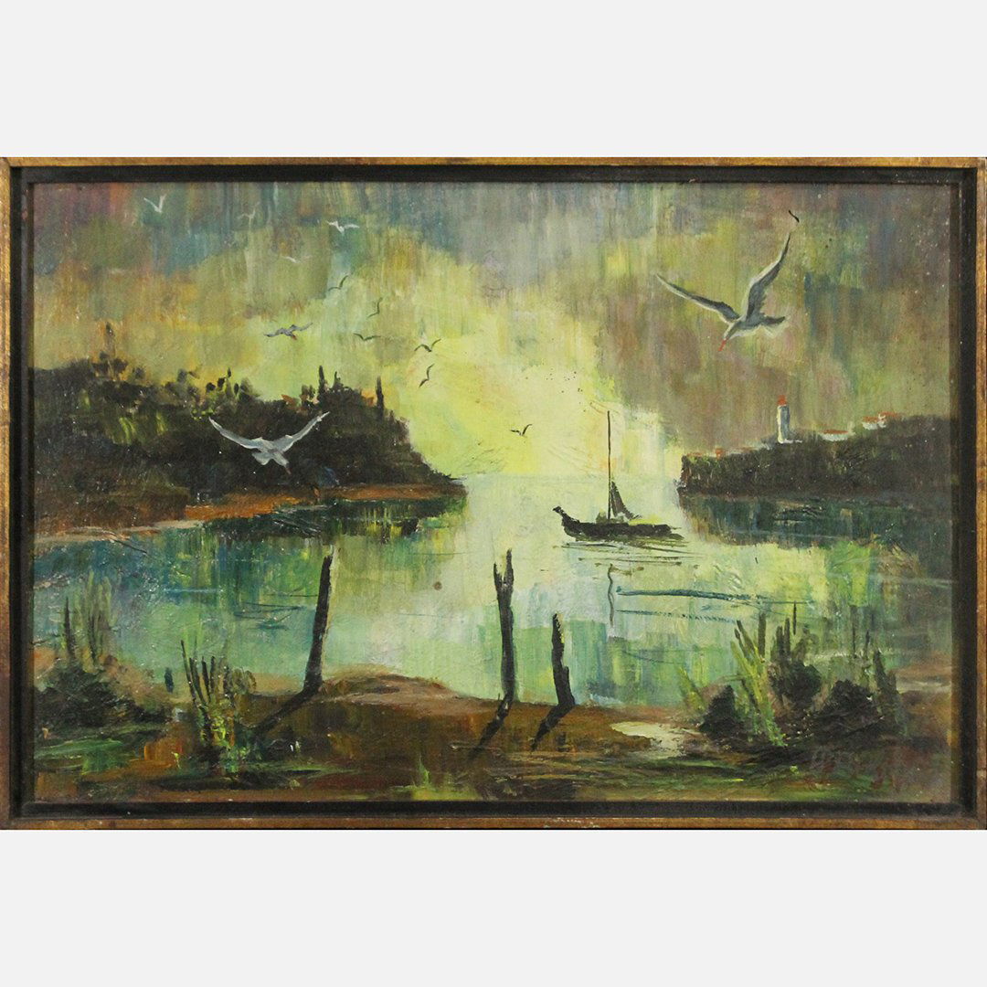 Vintage Oil/b,  Lake, Boat, Lighthouse, Seagull (1 of 6)