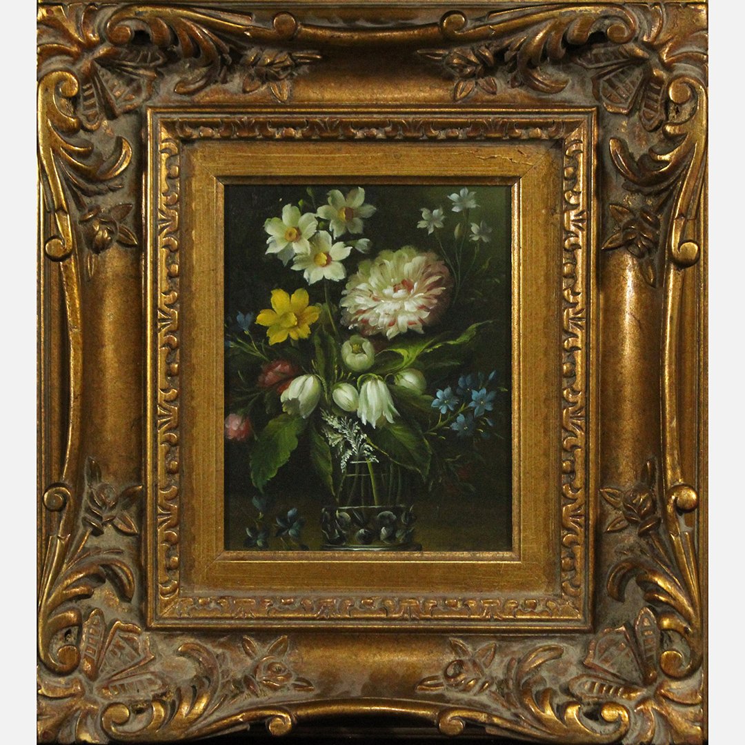 20th C Still Life on Canvas Mounted in Fancy Gold Frame: 20th C. Still Life on Canvas Mounted in Fancy Gold Frame. Size: 10 in. x 8 in.; outer frame 19 in. x 17 in.