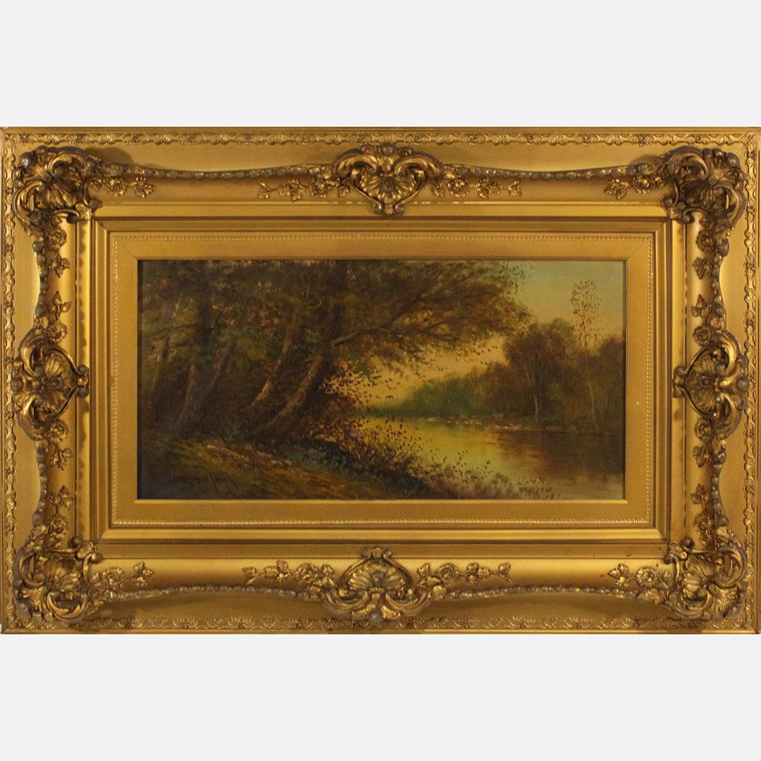 R DeLong, Circa 1910 Oil/c Landscape Trees River Edge (1 of 7)