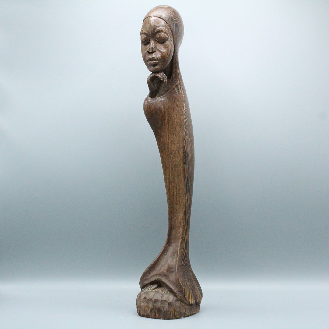African Zebra Wood Woman Sculpture, Baby Joachim 1968: African Zebra Wood Woman Sculpture, marked on base: Baby Joachin, dated 1968. Size: 21 in. height, 4 in. wide