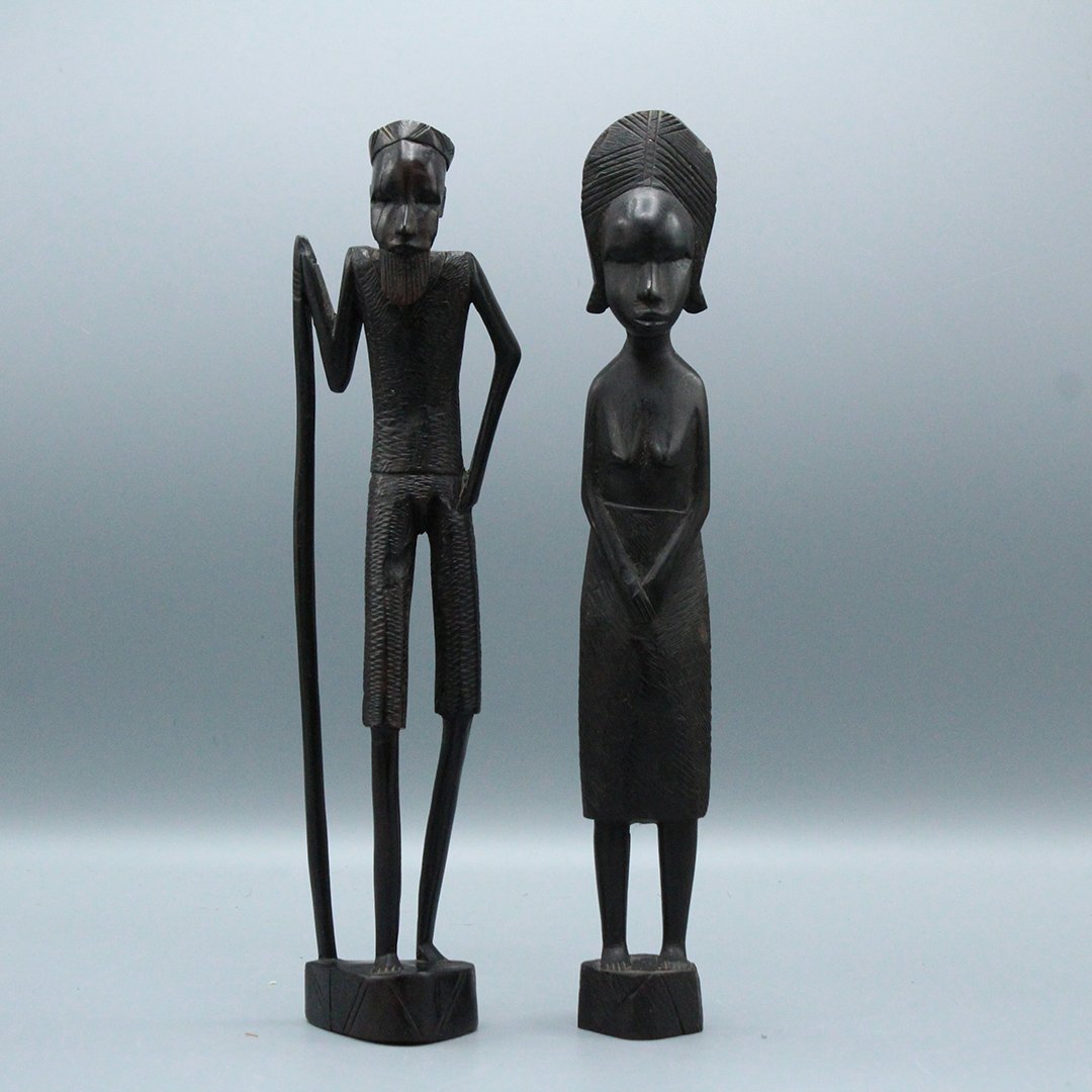 Two [2] African Carved Teak Wood Sculptures, Man, Woman (1 of 5)