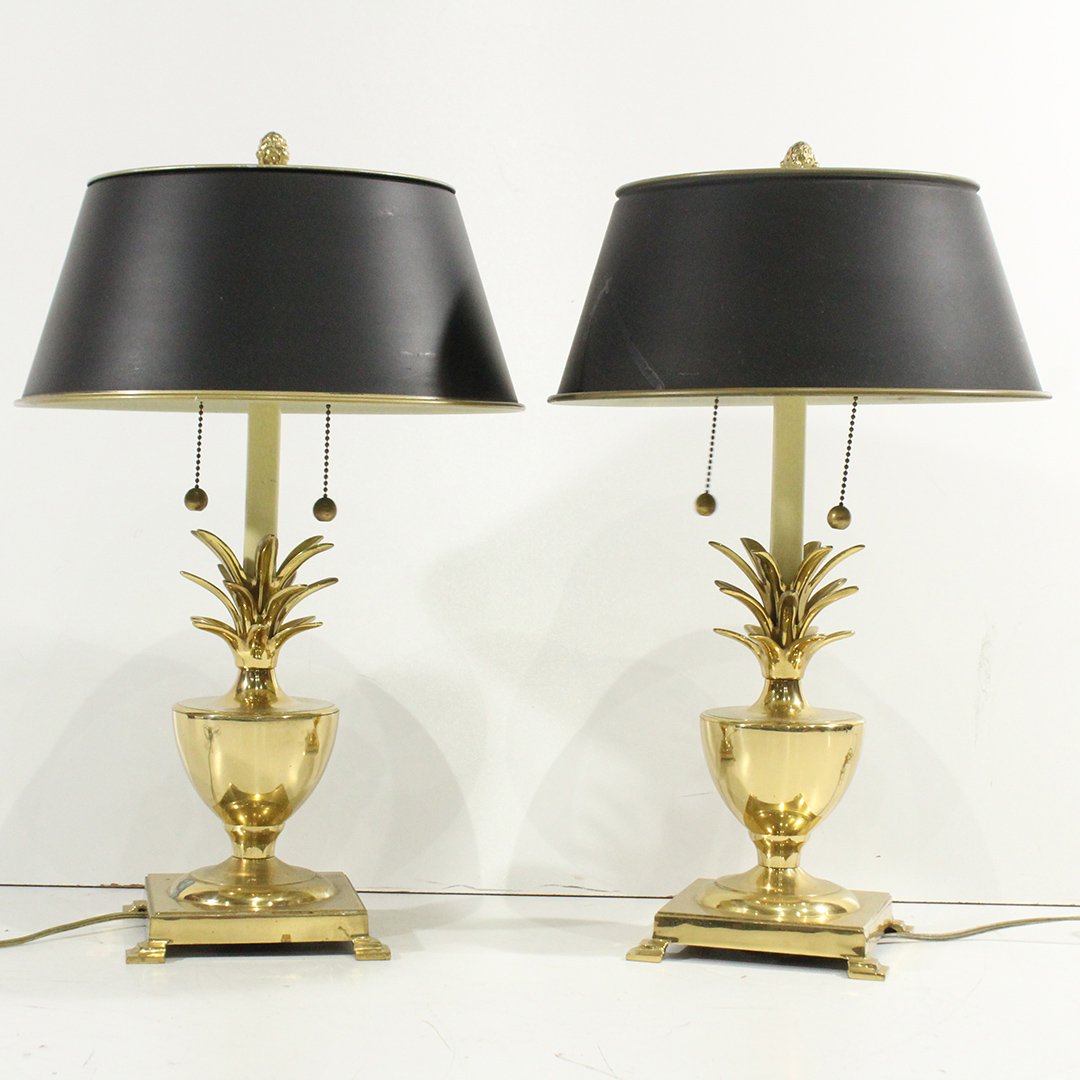 Two [2] Hollywood Regency Brass Urn Lamps, Tole Shades (1 of 4)