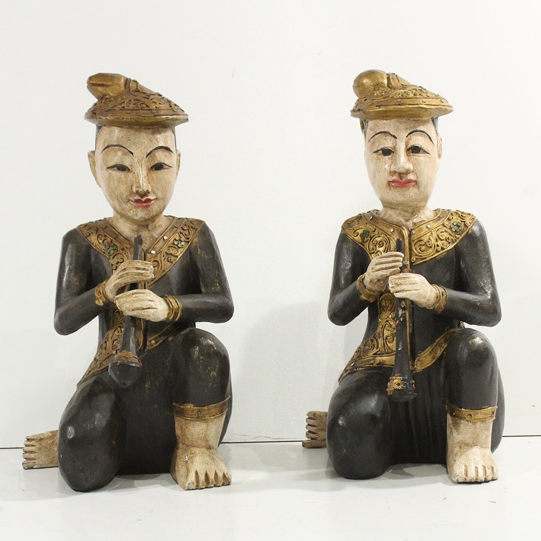 Two [2] Carved Wood Asian Figure Flute Players (1 of 7)