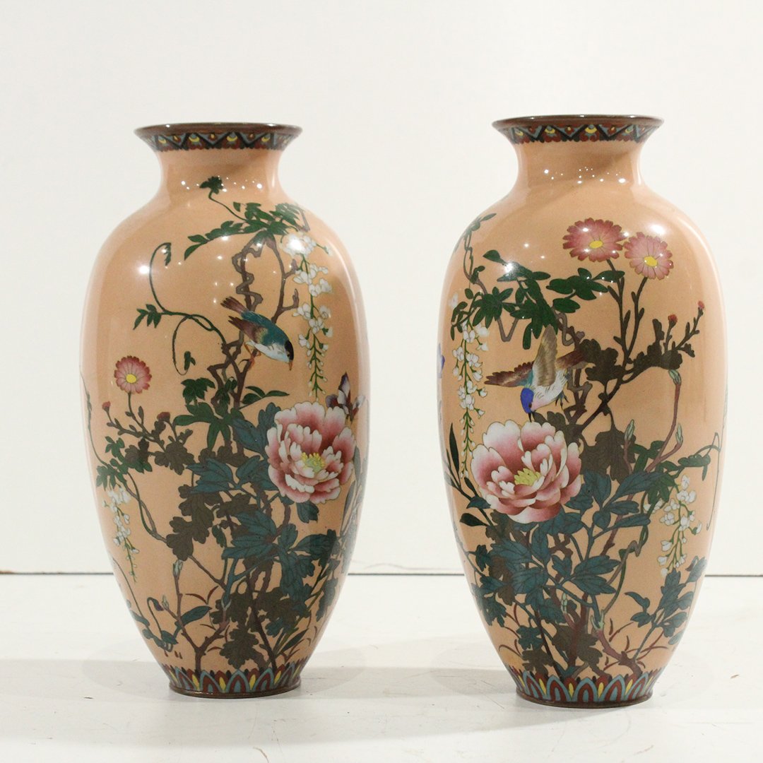 Two [2] 19th C. Japanese Cloisonne Vases Meiji Period: Two [2] 19th C. Japanese Cloisonne Vases Meiji Period. Shows minor crazing. Size: 9.5 in. height, 4.5 in. wide.